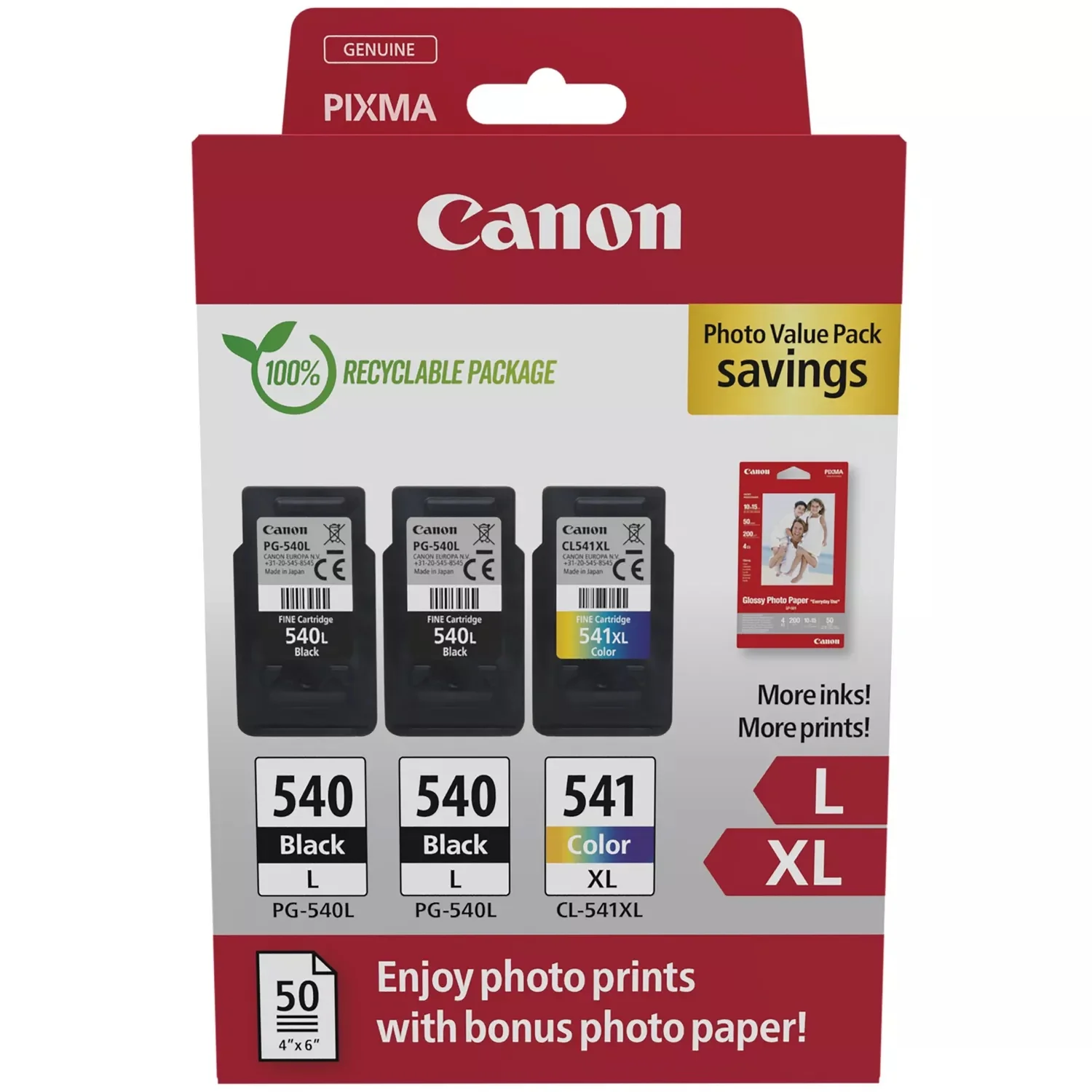 Canon PG-540L x 2 / CL-541XL High Yield Genuine Ink Cartridges, Pack of 3 (2 x Black, 1 x Colour) Includes 50 sheets of 4x6 Canon Photo Paper - 5224B015