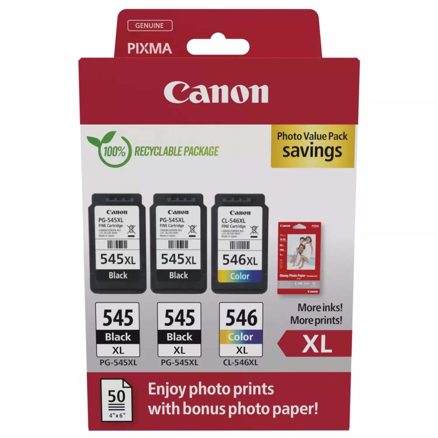 Canon PG-545XL x 2 / CL-546XL High Yield Genuine Ink Cartridges, Pack of 3 (2 x Black, 1 x Colour) Includes 50 sheets of 4x6 Canon Photo Paper - 8286B015