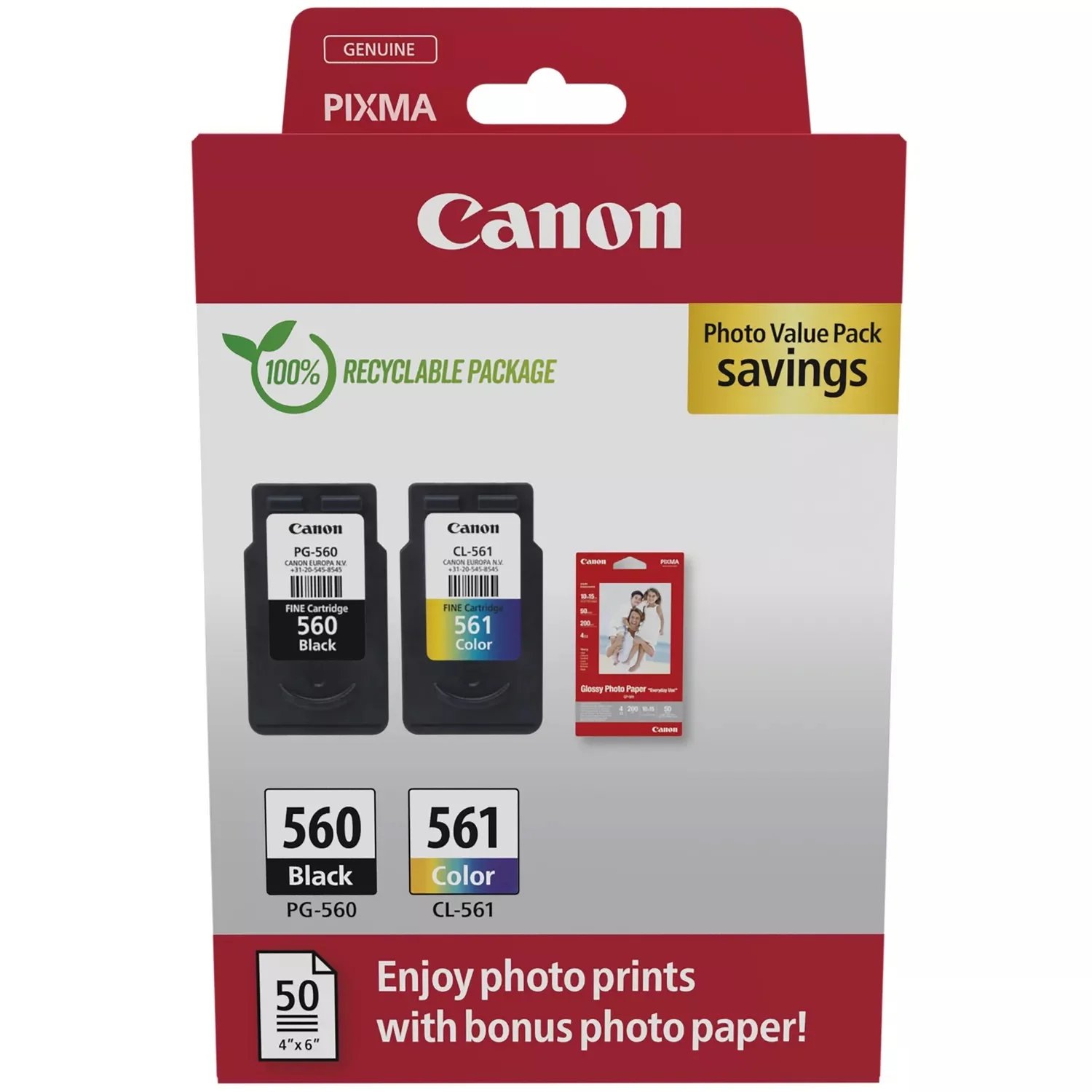 Canon PG-560 / CL-561 Genuine Ink Cartridges, Pack of 2 (1 x Black, 1 x Colour); Includes 50 sheets of 4x6 Canon Photo Paper - 3713C008