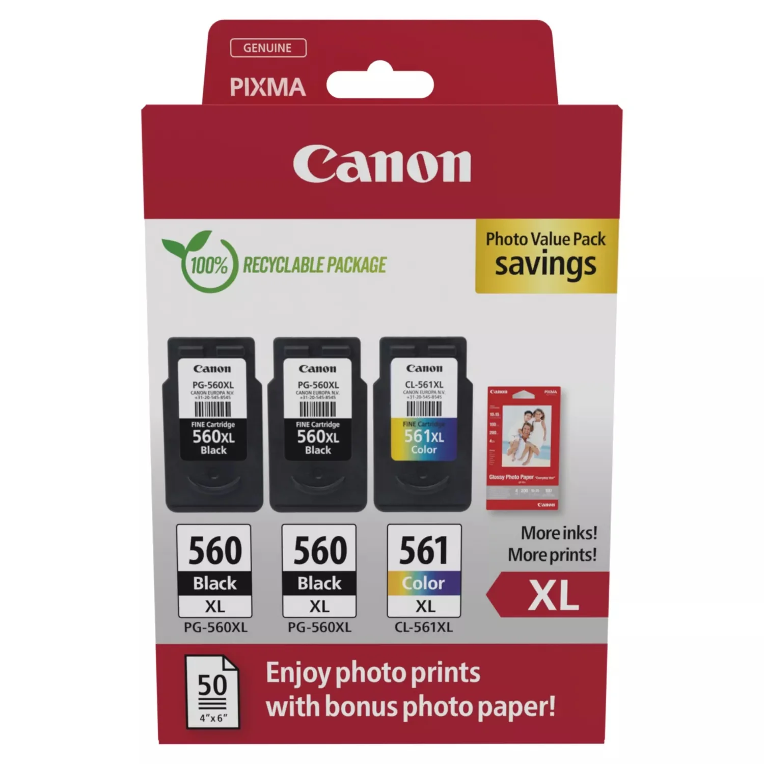 Canon PG-560XL x 2 / CL-561XL High Yield Genuine Ink Cartridges, Pack of 3 (2 x Black, 1 x Colour), Includes 50 sheets of 4x6 Canon Photo Paper - 3712C012