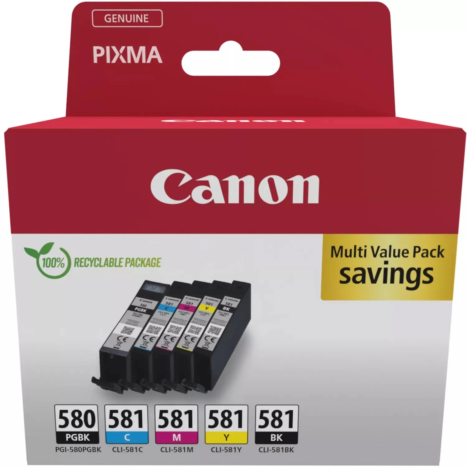 Canon PGI-580 / CLI-581 Genuine Ink Cartridges, Pack of 5 (2 x Black, Cyan, Magenta, Yellow) - 2078C007
