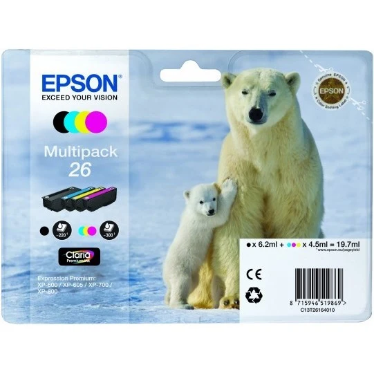 Epson Original T26 Multipack Claria Inkjet Cartridges B/C/M/Y (Polar Bear)